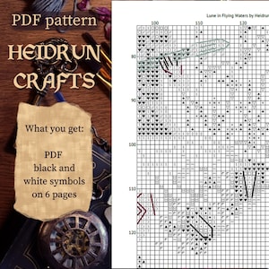 A cross-stitch chart with the text "Lune in Flying Waters by Heidrun." The image shows a chart with black and white symbols, and a text box that says "What you get: PDF black and white symbols on 6 pages."