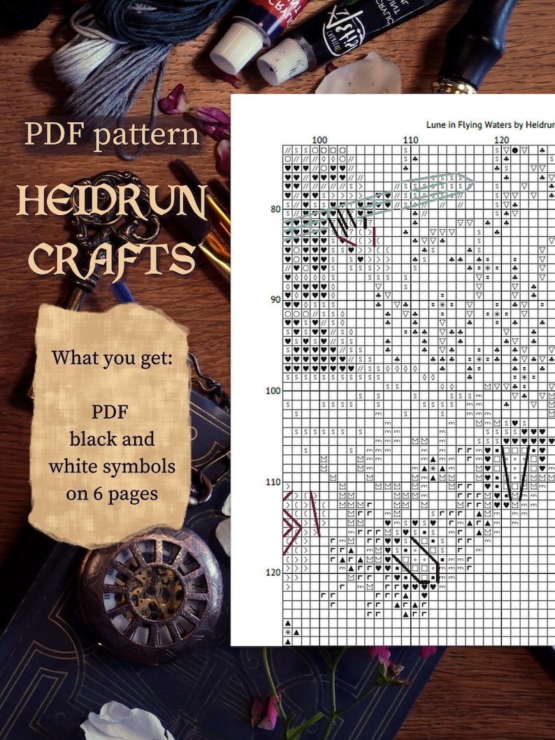 A cross-stitch chart with the text "Lune in Flying Waters by Heidrun." The image shows a chart with black and white symbols, and a text box that says "What you get: PDF black and white symbols on 6 pages."