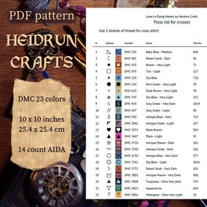 A cross-stitch pattern with a list of DMC thread colours and symbols. The pattern is for "Lune in Flying Waters" and includes 23 colours. The design is 25.4 x 25.4 cm on 14 count AIDA fabric.