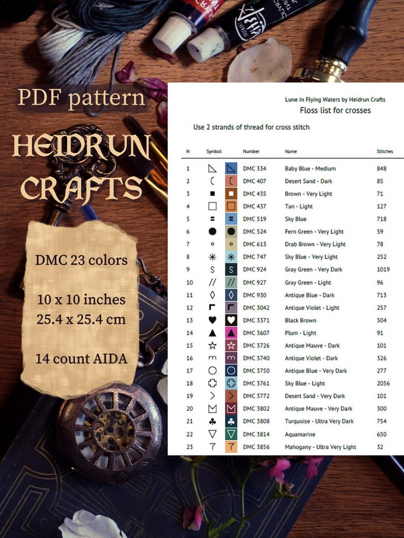 A cross-stitch pattern with a list of DMC thread colours and symbols. The pattern is for "Lune in Flying Waters" and includes 23 colours. The design is 25.4 x 25.4 cm on 14 count AIDA fabric.