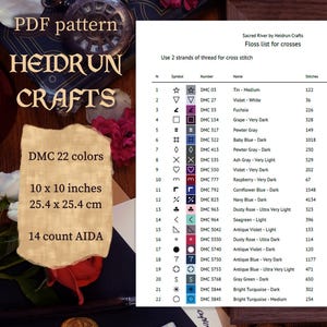 Flat lay of Sacred River cross stitch pattern PDF preview pages with color key and DMC chart