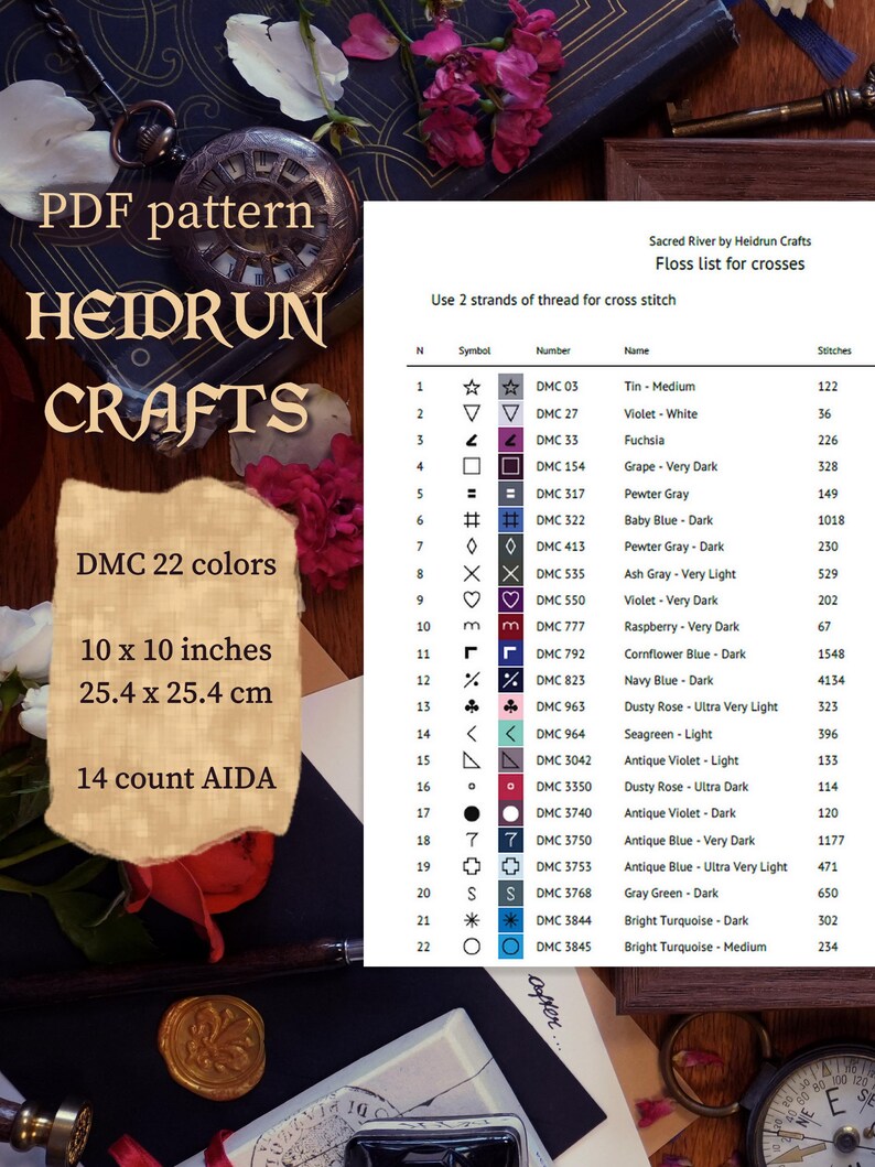 Flat lay of Sacred River cross stitch pattern PDF preview pages with color key and DMC chart
