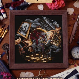 Fantasy cross stitch design inspired by Clair Obscur Expedition 33 featuring Verso, a child version of himself, Monoco dog, and Esquie plush under a black hole sun.