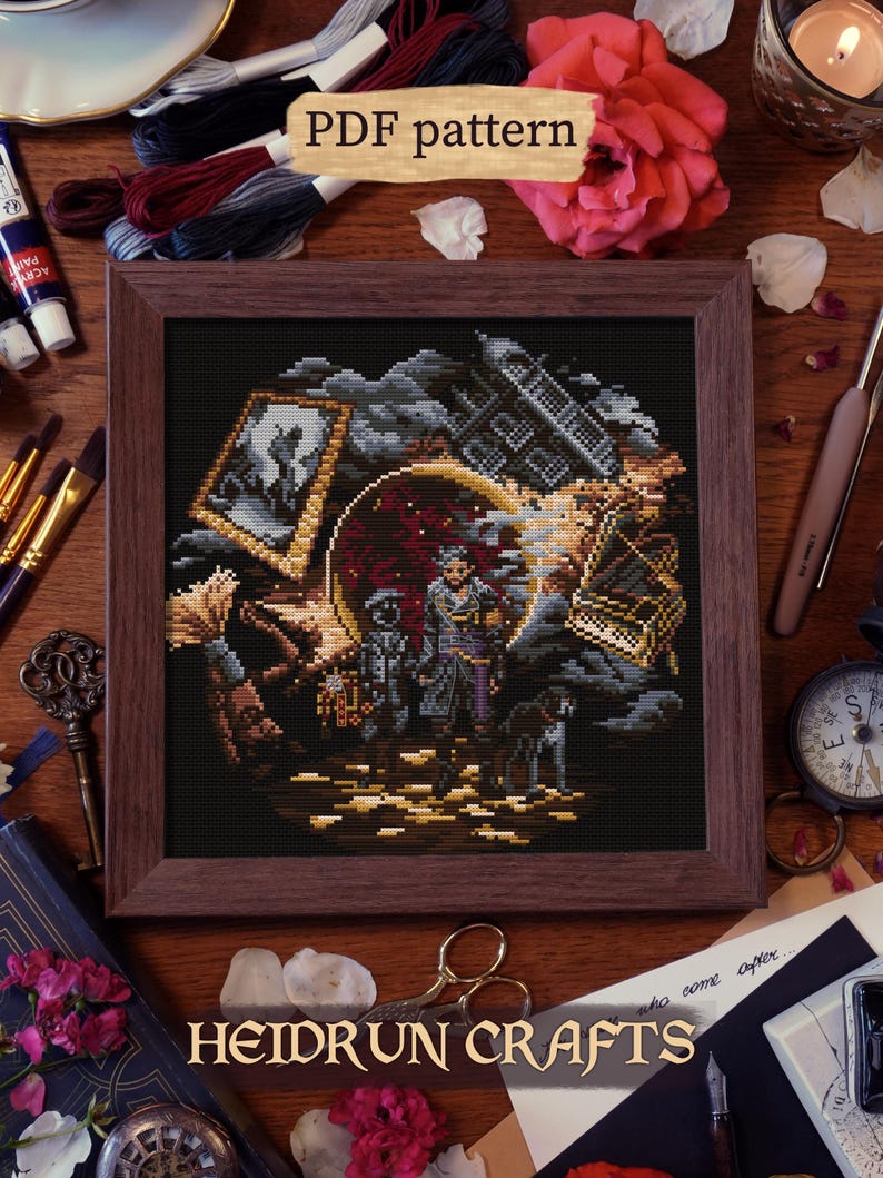 Fantasy cross stitch design inspired by Clair Obscur Expedition 33 featuring Verso, a child version of himself, Monoco dog, and Esquie plush under a black hole sun.