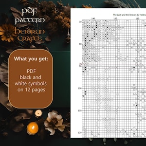 May include: Black and white cross stitch pattern for "The Lady and the Unicorn" by Heidrun Crafts. The pattern is on a grid with numbers 70 to 120 on the left side and 140 to 160 on the top. The pattern includes black and white symbols.