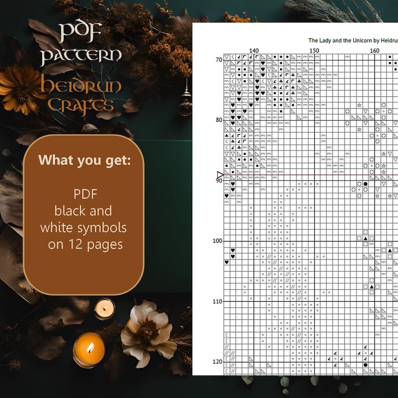 May include: Black and white cross stitch pattern for "The Lady and the Unicorn" by Heidrun Crafts. The pattern is on a grid with numbers 70 to 120 on the left side and 140 to 160 on the top. The pattern includes black and white symbols.
