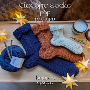 May include: Three knitted socks in navy blue, rust orange, and light gray, with a ball of navy blue yarn and crochet hooks. The image also includes text that reads "Cloudfit Socks pdf pattern" and "betorun crafts".