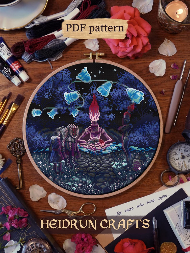 Sacred River cross stitch pattern inspired by Clair Obscur scene with Monoco, Verso, Noco, and Golgra by glowing river.
