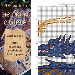Preview of the color version of the PDF for the Medieval Dragon cross stitch pattern.The pattern is on a grid with coloured squares and symbols and includes instructions for stitching the dragon. The pattern is titled "Medieval Dragon by Heidrun Crafts".