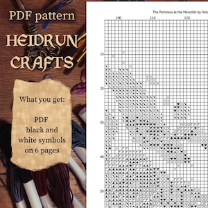 Flat lay of printed cross stitch pattern preview pages, including color key and chart for Paintress scene in digital PDF format