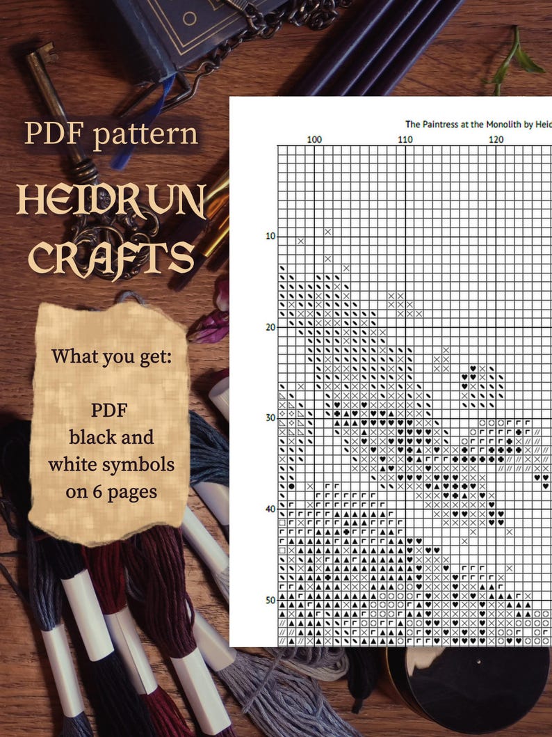 Flat lay of printed cross stitch pattern preview pages, including color key and chart for Paintress scene in digital PDF format