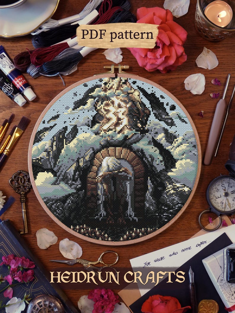Stitched artwork of the Paintress facing the monolith, featuring stylized light, brush details, and mystical surroundings.