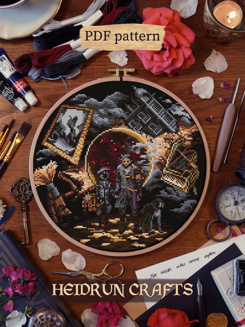 Cross stitch pattern showing Verso from Clair Obscur walking beside his younger self as they step out of a painting with floating memories around them.