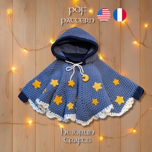 Moon and Stars Poncho Crochet Pattern PDF - Baby to Adult Sizes, Beginner-Friendly PDF in English & French, Hooded Poncho, Customizable Cape