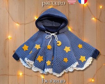 Schema all'uncinetto per poncho Luna e Stelle in PDF - Taglie da neonato ad adulto, PDF per principianti in inglese e francese, poncho con cappuccio, mantello personalizzabile