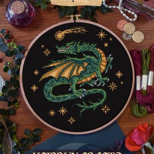 Medieval Dragon Cross Stitch Pattern PDF – Illuminated Manuscript Style, Castlecore Fantasy, Mythical Creature Embroidery Design image 4