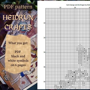 A black and white cross stitch pattern for Saint George and the Dragon. The pattern is on a grid with numbers along the top and side. The text "Saint George and the Dragon by Heidrun Crafts" is at the top of the pattern.