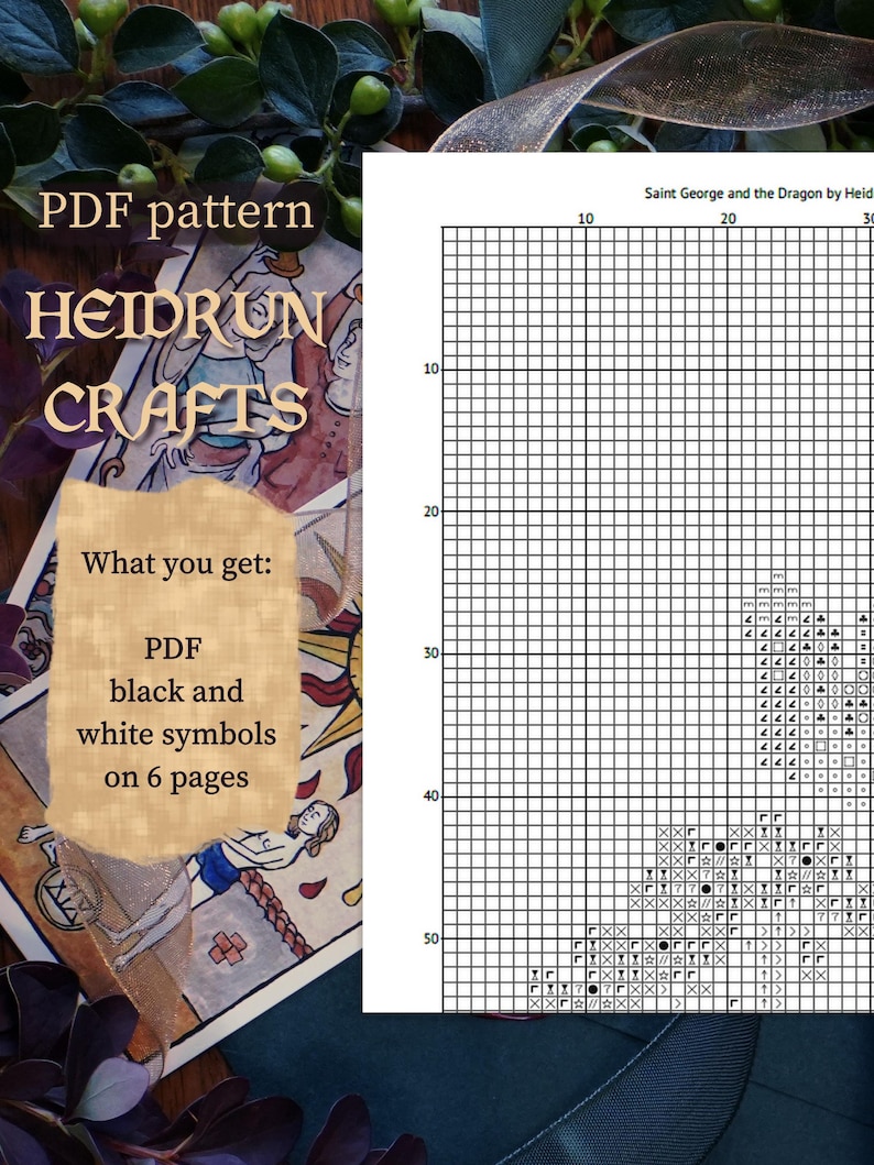 A black and white cross stitch pattern for Saint George and the Dragon. The pattern is on a grid with numbers along the top and side. The text "Saint George and the Dragon by Heidrun Crafts" is at the top of the pattern.