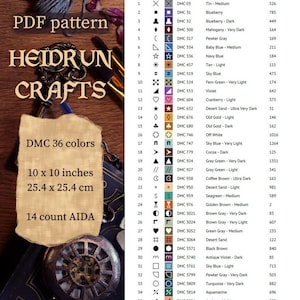 Pattern instruction page featuring DMC color key, symbols, chart layout, and stitching information.