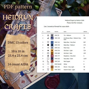 A cross stitch pattern for a medieval dragon with a floss list for 13 colours. The pattern is 10 inches by 10 inches or 25.4 cm by 25.4 cm and uses 14 count Aida fabric.