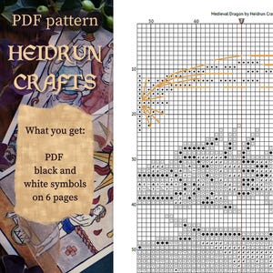 Preview of the black and white version of the PDF for the Medieval Dragon cross stitch pattern. The pattern is on a grid with black and white symbols and includes instructions for stitching the dragon. The pattern is titled "Medieval Dragon by Heidrun Crafts".