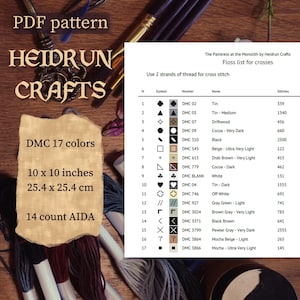 Flat lay of printed cross stitch pattern preview pages, including color key and chart for Paintress scene in digital PDF format