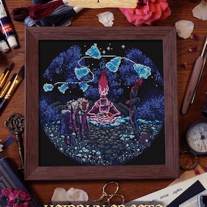 Fantasy cross stitch embroidery of sacred river revival scene, luminous water and ethereal light effects