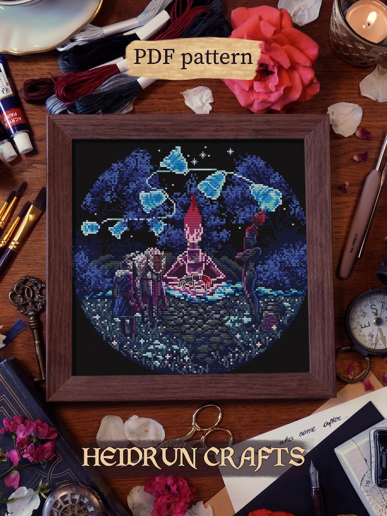 Fantasy cross stitch embroidery of sacred river revival scene, luminous water and ethereal light effects