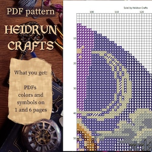 Preview of the included cross stitch pattern pages with symbols, color references, and stitching instructions.