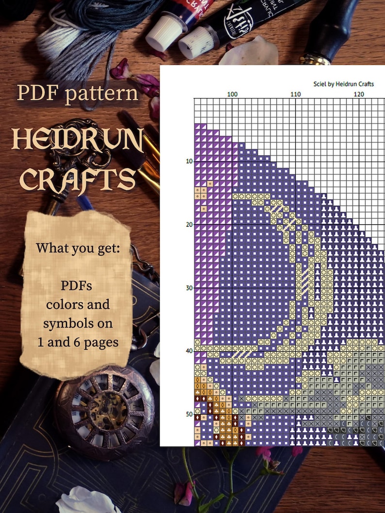 Preview of the included cross stitch pattern pages with symbols, color references, and stitching instructions.