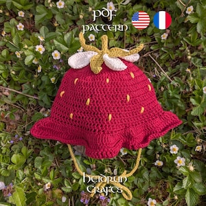Strawberry Sunhat Crochet Pattern PDF - Baby to Adult Sizes in English & French, Light Summer Cotton Bucket Hat, Ruffled Brim, Fruit Hat DIY