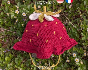 Modello all'uncinetto per cappello da sole a forma di fragola in PDF - Taglie da neonato ad adulto in inglese e francese, cappello estivo leggero in cotone, tesa arricciata, cappello da frutta fai da te