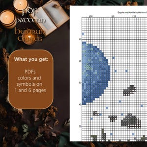 Może przedstawiać: Wz&oacute;r haftu krzyżykowego z niebiesko-białym wzorem, wyświetlany na siatce. Obraz zawiera tekst: "What you get: PDFs colors and symbols on 1 and 6 pages." Wz&oacute;r zatytułowany "Esquie and Maelle by Heidrun Crafts."