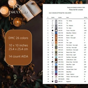 Może przedstawiać: Wz&oacute;r do haftu krzyżykowego z listą 26 kolor&oacute;w DMC, o wymiarach 25,4 x 25,4 cm i 14 count AIDA. Obraz zawiera listę nici do krzyżyk&oacute;w z symbolami, numerami i nazwami.