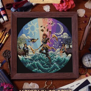 Detailed cross stitch design featuring Sciel with family, companions, and symbolic elements inspired by a fantasy video game ending scene.
