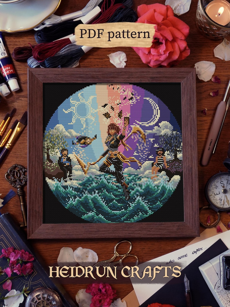 Detailed cross stitch design featuring Sciel with family, companions, and symbolic elements inspired by a fantasy video game ending scene.