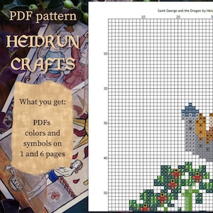 A cross stitch pattern for Saint George and the Dragon, featuring a colourful dragon and a knight on horseback. The pattern is printed on a grid with numbers and symbols for easy cross stitching.