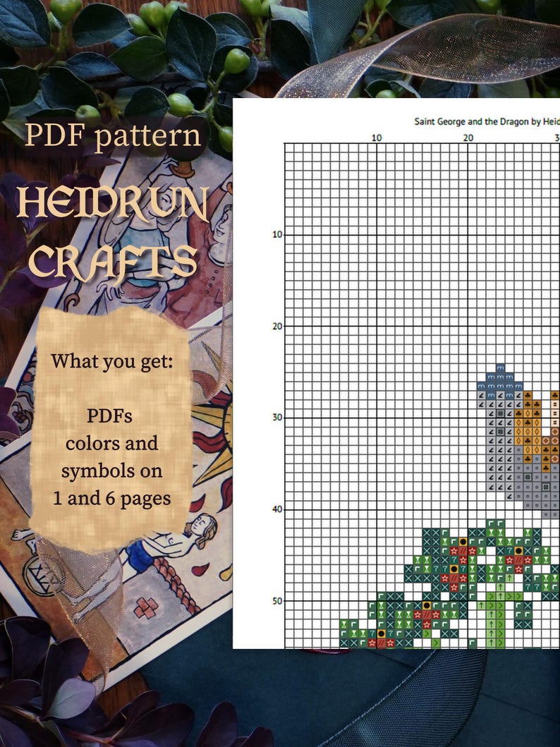 A cross stitch pattern for Saint George and the Dragon, featuring a colourful dragon and a knight on horseback. The pattern is printed on a grid with numbers and symbols for easy cross stitching.