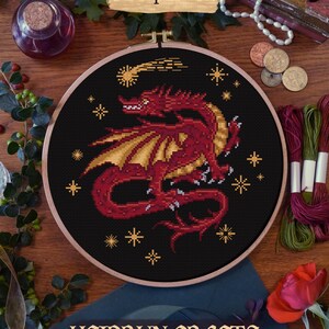 Medieval Dragon Cross Stitch Pattern PDF – Illuminated Manuscript Style, Castlecore Fantasy, Mythical Creature Embroidery Design image 3