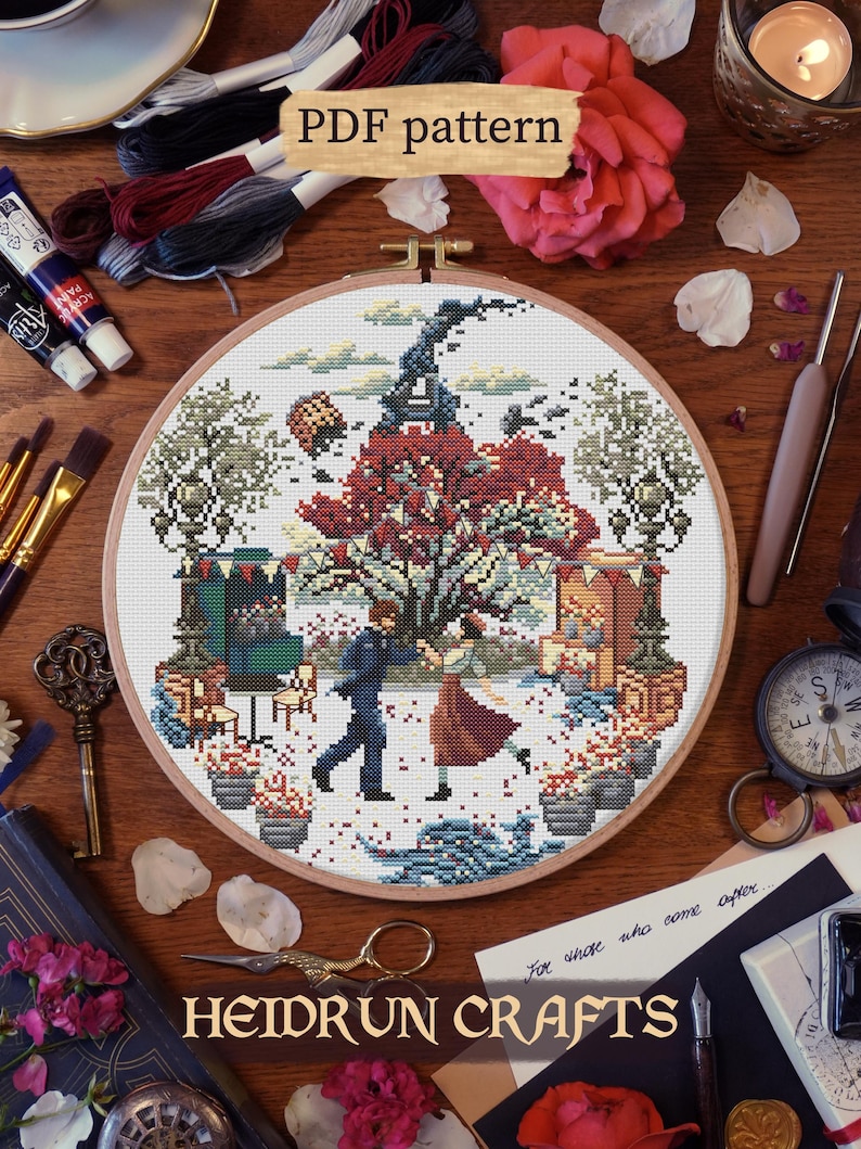 Gustave and Sophie characters from Clair Obscur : Expedition 33. French game of the year. Display of the finished fan art embroidery on a white aida cloth. Cross stitch pattern in PDF format of this memorable dance scene.