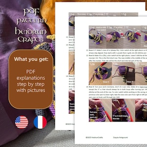 Pu&ograve; includere: Un modello PDF di Heidrun Crafts, con istruzioni di uncinetto passo-passo e immagini. L'immagine mostra diagrammi dettagliati e primi piani del processo di uncinetto, inclusi cambi di colore e tecniche di punto. Il modello include testo in inglese e francese.
