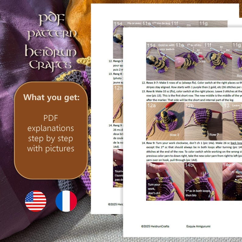 Pu&ograve; includere: Un modello PDF di Heidrun Crafts, con istruzioni di uncinetto passo-passo e immagini. L'immagine mostra diagrammi dettagliati e primi piani del processo di uncinetto, inclusi cambi di colore e tecniche di punto. Il modello include testo in inglese e francese.