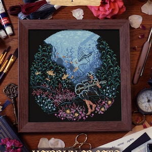Fantasy underwater embroidery scene featuring a character with a guitar, coral reef, and dreamlike light. Digital cross stitch chart