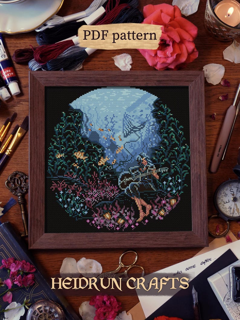 Fantasy underwater embroidery scene featuring a character with a guitar, coral reef, and dreamlike light. Digital cross stitch chart