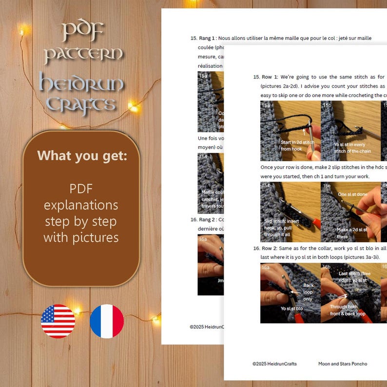Puede incluir: Un patr&oacute;n PDF para un poncho de crochet con instrucciones e im&aacute;genes. El patr&oacute;n est&aacute; disponible en ingl&eacute;s y franc&eacute;s. El poncho se llama "Moon and Stars Poncho".