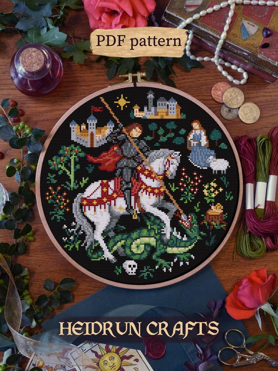 St. George and the Dragon Cross Stitch Pattern PDF – Medieval Tapestry Embroidery