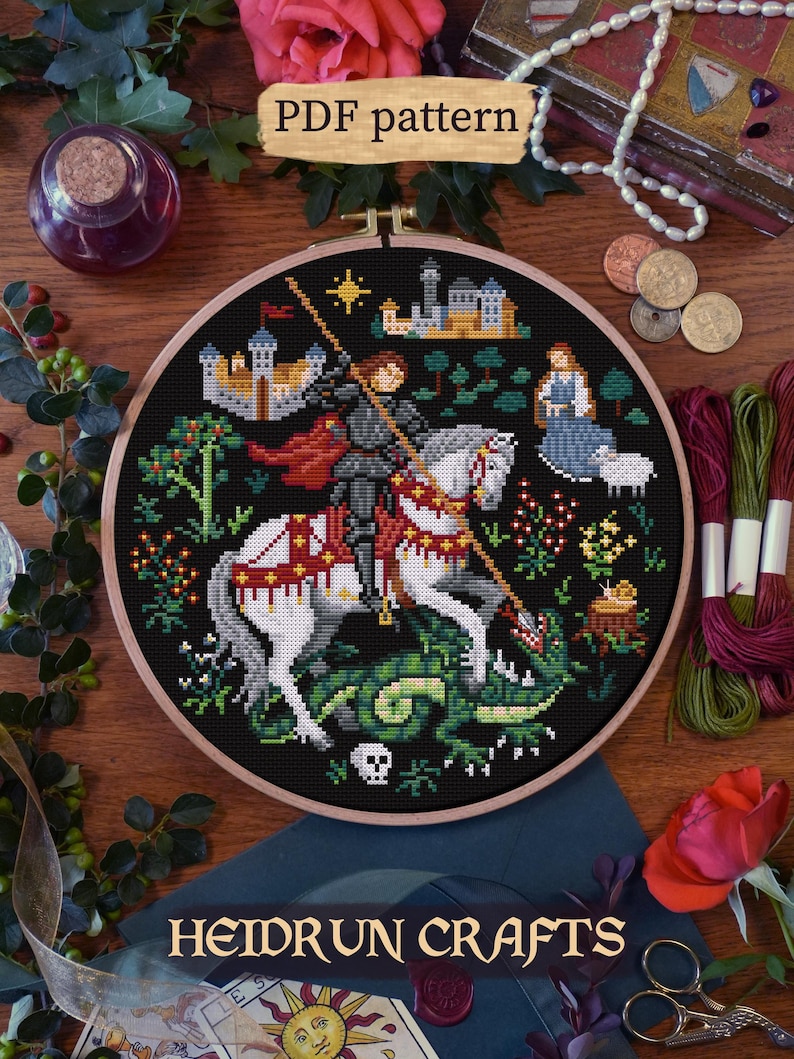 A medieval-style cross-stitch pattern depicting St. George in shining armor on horseback, piercing a dragon with his lance. The artwork is inspired by medieval manuscript illustrations and historic paintings, rich in detail and earthy tones. A timeless design for lovers of history, fantasy, and chivalric legends.