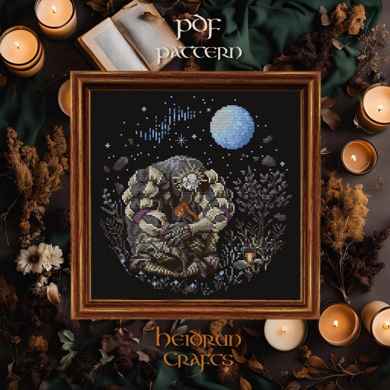 Finished cross stitch pattern of a moonlit hug scene from Clair Obscur: Expedition 33, featuring stars, flowers, and narrative emotion