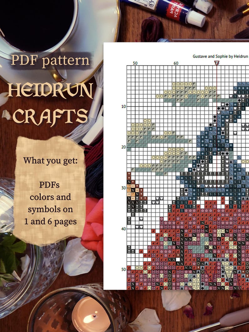 Partial screenshot of a page of the Gustave and Sophie cross stitch pattern from the Clair Obscur Expedition 33 series. Shows the color version of the cross stitch chart with symbols and counted cross stitch grid. Focus on the Eiffel Tower design with clouds and red and white tree. A great and rewarding crafting project for any fan of the expedition 33 license.