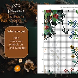 May include: A cross-stitch pattern for "The Lady and the Unicorn" by Heidrun Crafts. The pattern is printed on a white grid with colored symbols. The pattern includes 12 pages of colors and symbols.